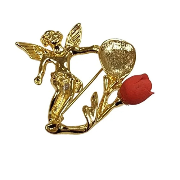 Vintage Jewelry - Vintage 60s-70s Angel Red Rose Brooch Pin Gold Tone